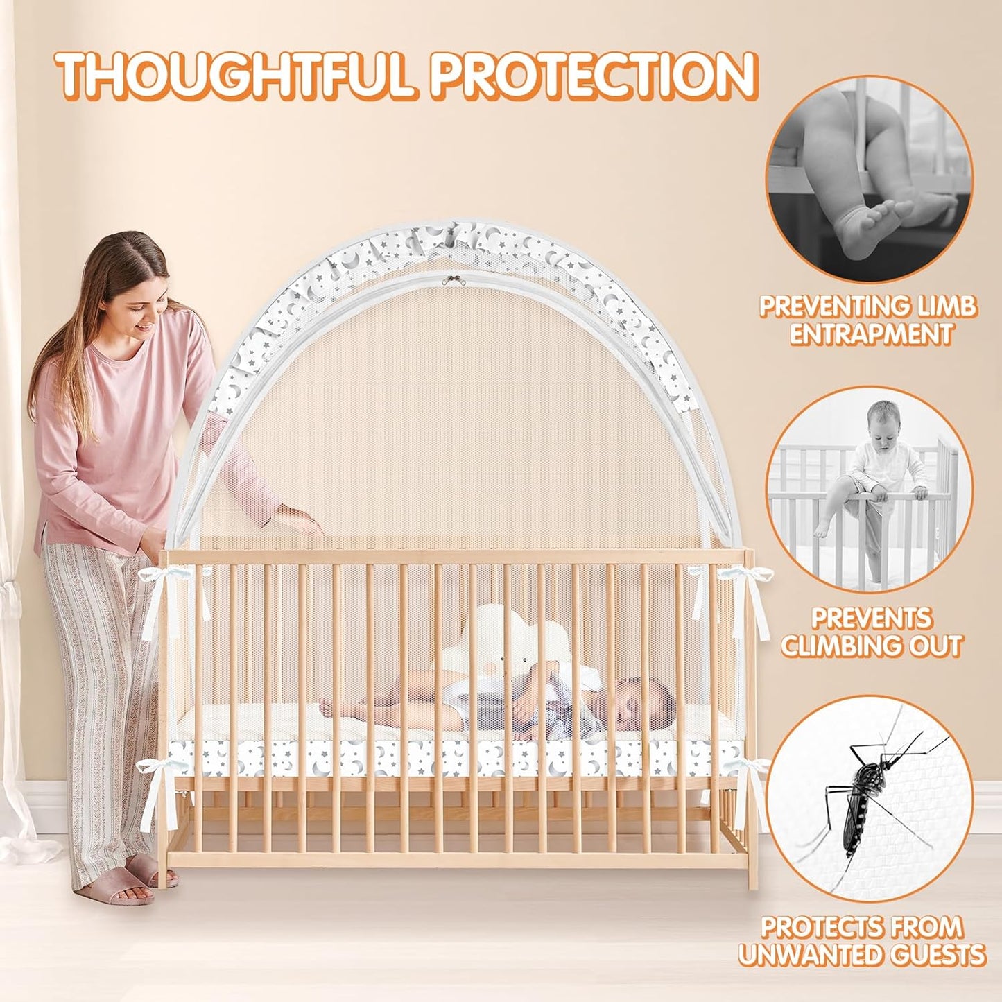 Crib Tent to Keep Baby from Climbing Out - Crib Net to Keep Baby in - Pop Up Breathable Cribs Cover - Canopy with Upgrade Strong Mesh and Durable Zipper (White-Star and Moon, Lager)