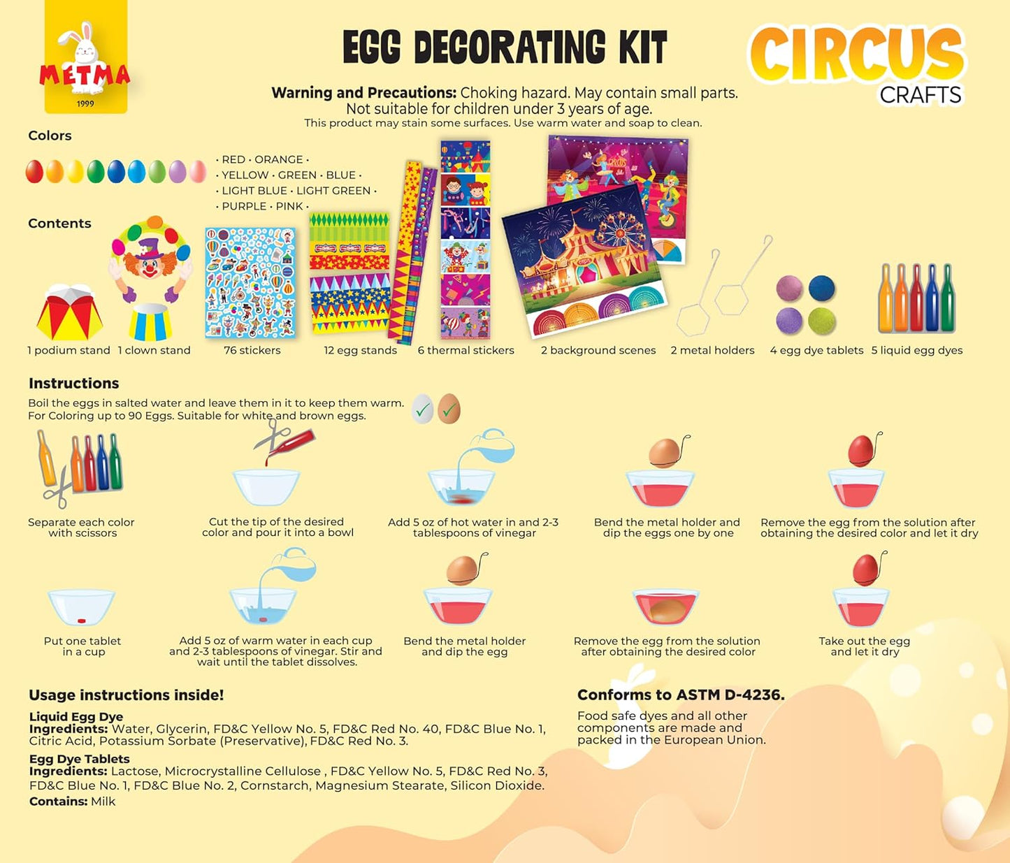 METMA 1999 Egg Decorating Kit Circus Crafts - Complete Decorative Eggs Set with Liquid Dyes, Tablets, Stickers, Egg Spinner and More - Fun Easter Egg Dye Kit Arts and Crafts for Kids (Circus Crafts)