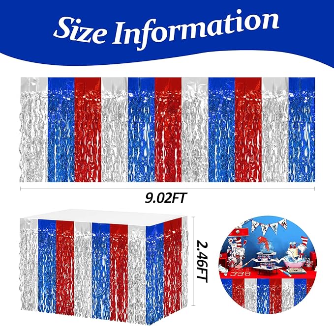 4P Wavy Metallic Tinsel Foil Fringe Table Skirts for Rectangle Tables Backdrop Garland Curtains for Parade Floats Wedding Birthday Parties Decoration Graduation 2025 Christmas (Red Blue White)