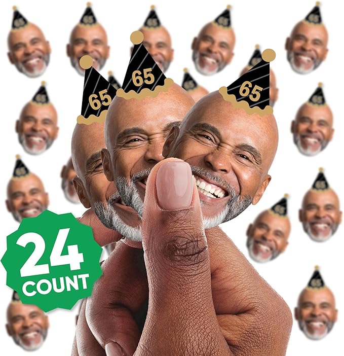 Big Dot of Happiness Custom Photo Adult Happy Birthday - Black & Gold Personalized Birthday Party DIY Paper Shaped Fun Face Cut-Outs - 24 Count