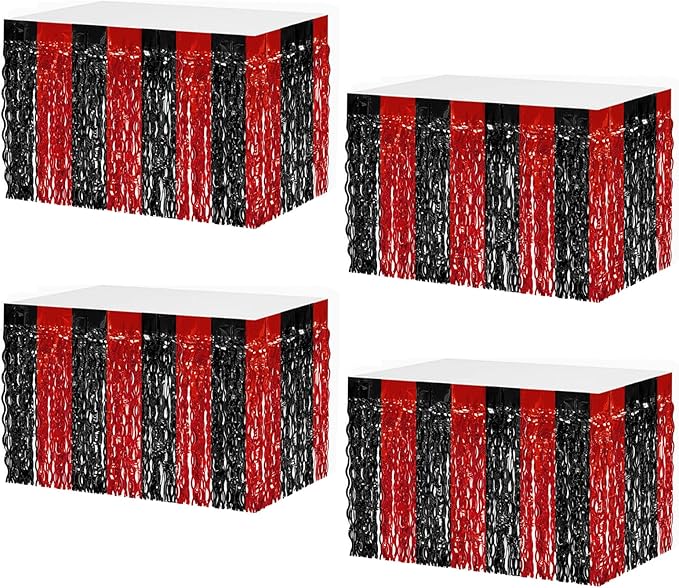 4P Wavy Metallic Tinsel Foil Fringe Table Skirts for Rectangle Tables Backdrop Garland Curtains for Parade Floats Wedding Birthday Parties Decoration Graduation 2025 Christmas (Black Red)