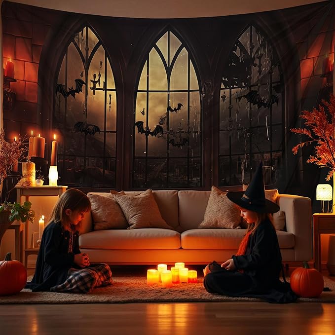 QGHOT Halloween Tapestry Wall Hanging Horror Castle Window Tapestry Gothic Spooky Backdrop Vampire Medieval Tapestries for Bedroom Living Room Dorm Wall Art Decor (104"x78.7")