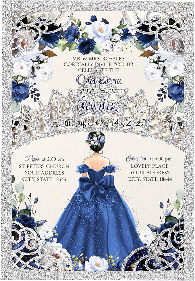 50Pcs Navy Blue Crown Invitations for Quinceanera, 15 year, Sweet 16, Miss XV, Birthday Laser Cut Quince Invitation Cards Personalized Glitter Silver