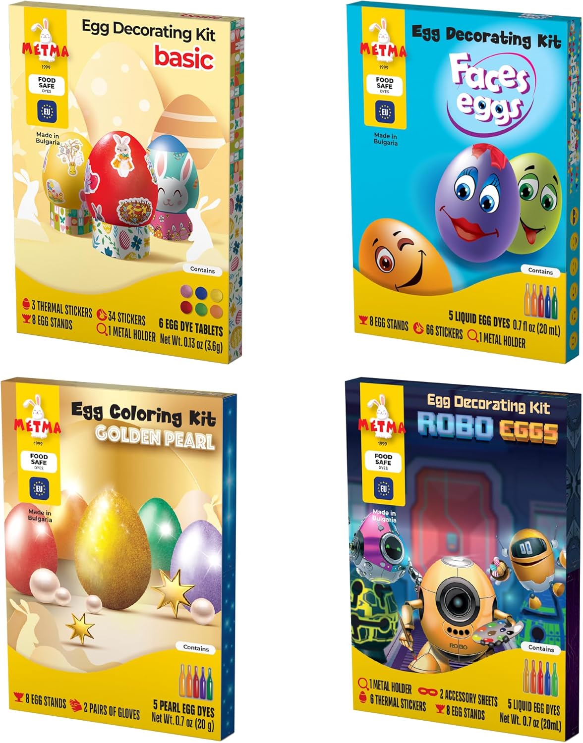 Coloring Kit Golden Pearl - Egg Decorating Kit Robo Eggs, Faces Eggs & Kit Basic - Complete Decorative Eggs Set with Dye Tablets, Stickers, Egg Spinner, and More - Arts and Crafts for Kids (Pack of 4)