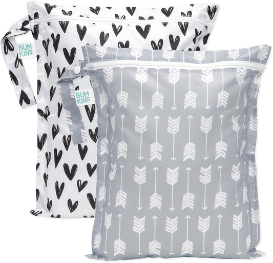 Bumkins - Waterproof Wet Bag - For Baby, Travel, Swim Suit, Cloth Diapers, Pump Parts, Pool, Gym, Toiletry, Strap to Stroller - Reusable & Easy to Clean - 2pk - Arrows & Hearts