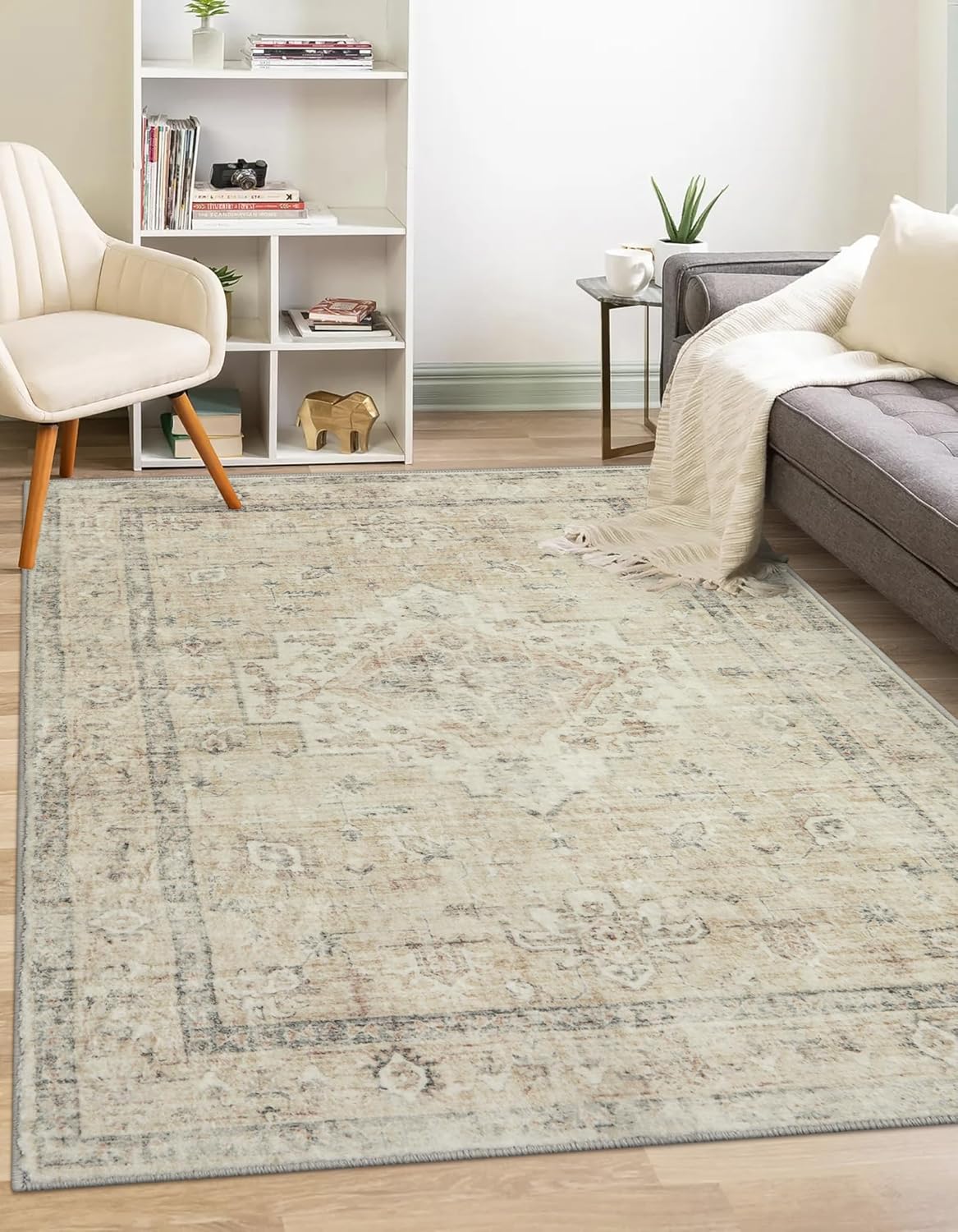 LIVEBOX Bedroom 4x6 Washable Area Rug for Entryway Kitchen, Non-Slip Soft Boho Rugs for Dining Room Office, Farmhouse Low-Pile Neutral Soft Carpet for Nursery Room Playroom, Tan