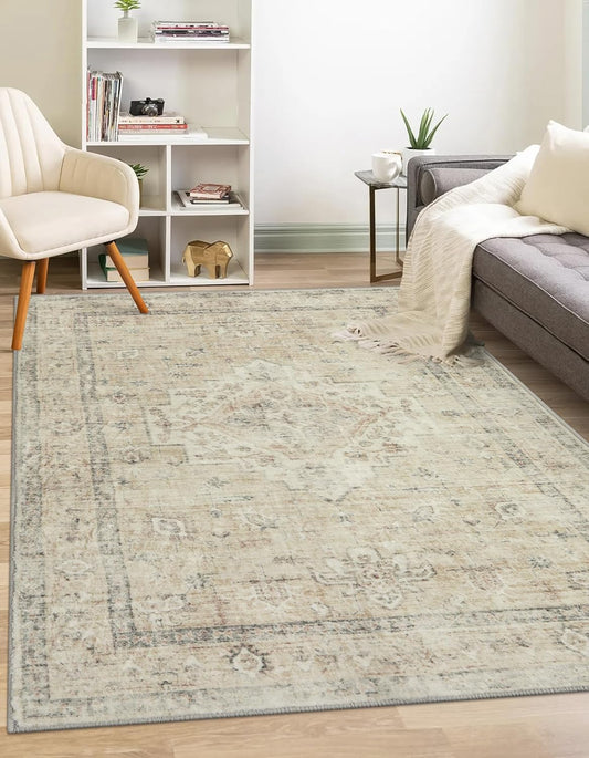 LIVEBOX Bedroom 4x6 Washable Area Rug for Entryway Kitchen, Non-Slip Soft Boho Rugs for Dining Room Office, Farmhouse Low-Pile Neutral Soft Carpet for Nursery Room Playroom, Tan