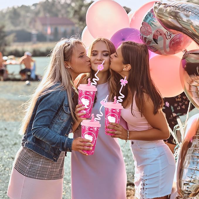 Yungyan 36 Sets Hot Pink Girl Party Favors Goodie Cups with Lids and Straws for Birthday Decorations Reusable 16oz Plastic Candy Cups Plastic Straws for Birthday Party (Pink Princess)