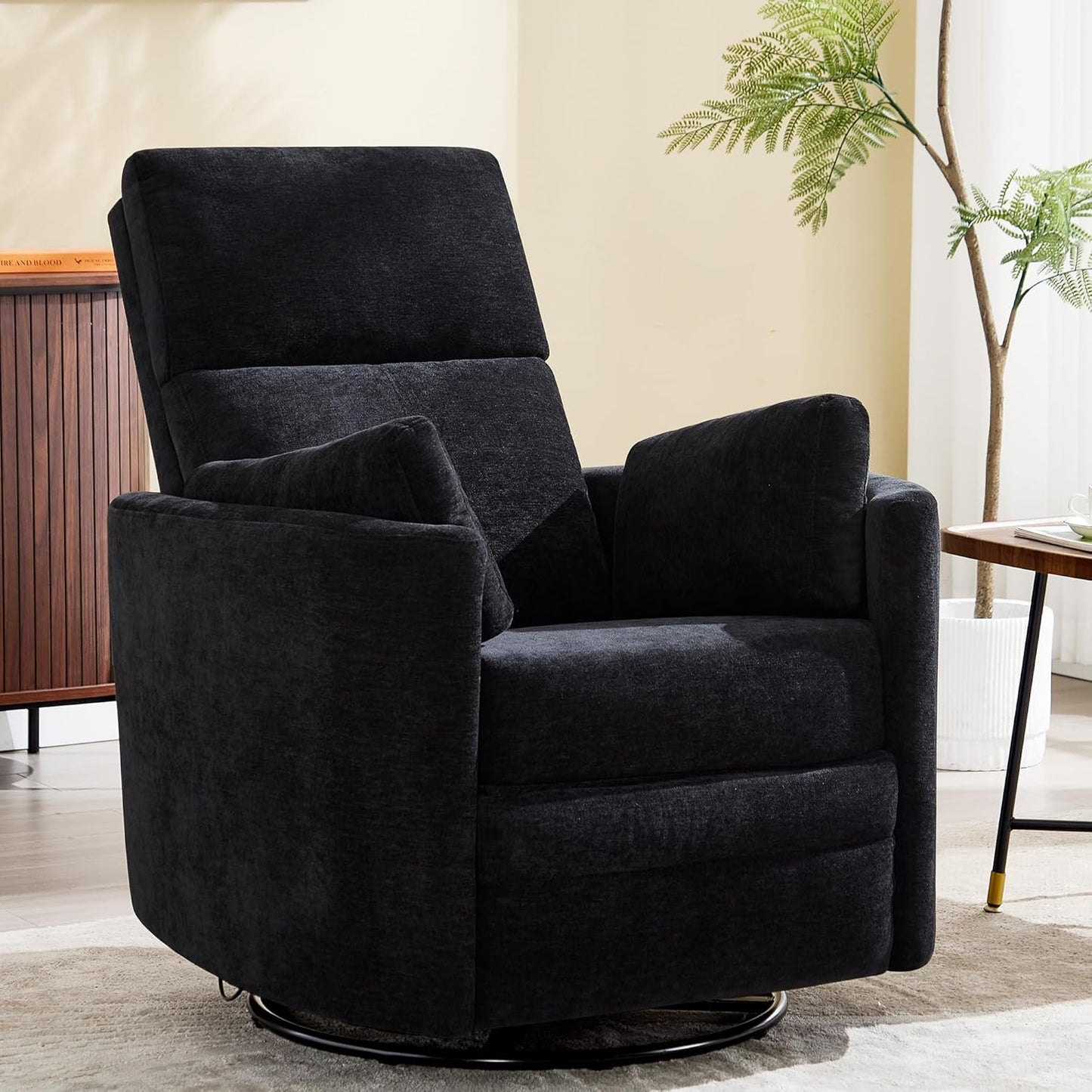 Swivel Rocker Recliner Chair, Manual Swivel Rocking Glider Chair for Nursery Adult Rocking Chair with 2 Pillows for Living Room Bedroom (Black, Manual Operation)