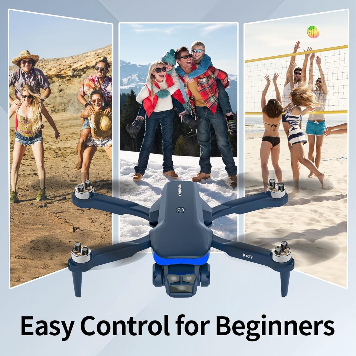 K417 Drone with 2 Cameras 1080P HD 90°Electric Adjustable FPV Drone Transmission,Blue LED Light Foldable Lightweight Remote Control Optical Flow Positioning Altitude Hold 3D Flip,for Adults Beginner