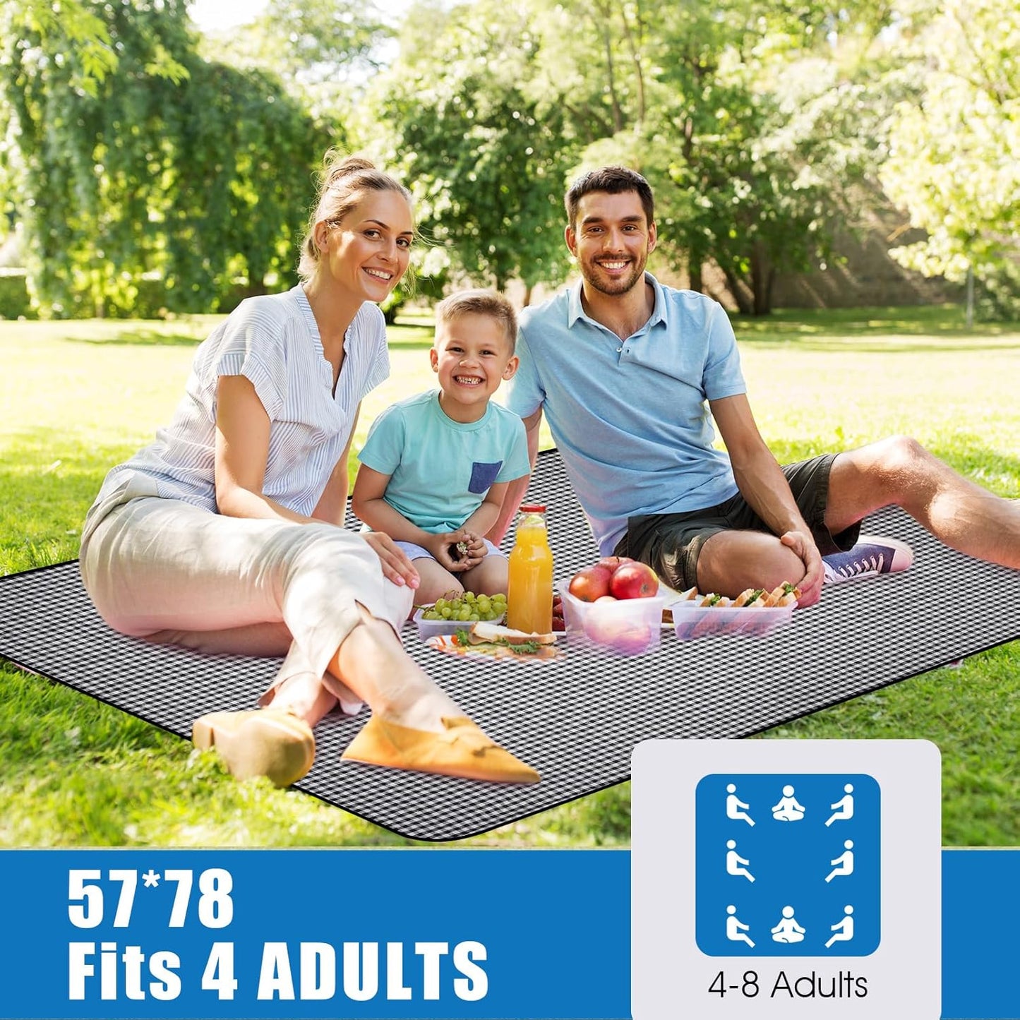 Picnic Outdoor Blankets Waterproof Extra Large - Beach Mat Sand Free Foldable with Carry Strap | Portable Camping Blanket | Park Blanket for Grass Park, Hiking, Travel, Concerts, Indoor (Black)