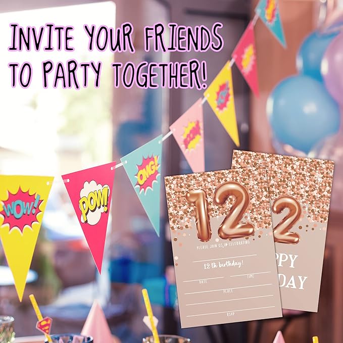 12th Birthday Invitation Cards, Rose Gold Glitter 12th Birthday Party Invites, Kids Happy Birthday Party Decorations Supplies, 20 Fill-in Cards with Envelopes for Boys or Girls Party Celebration - C04