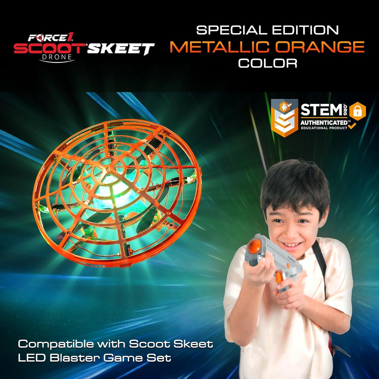 Force1 Scoot Skeet Mini Drone Electronic Shooting Game for Kids (Drone Only)- Hand Drones for Kids Compatible with Scoot Skeet LED Blaster, Electronic Target Game Indoor Flying Ball Drone Toy (Orange)