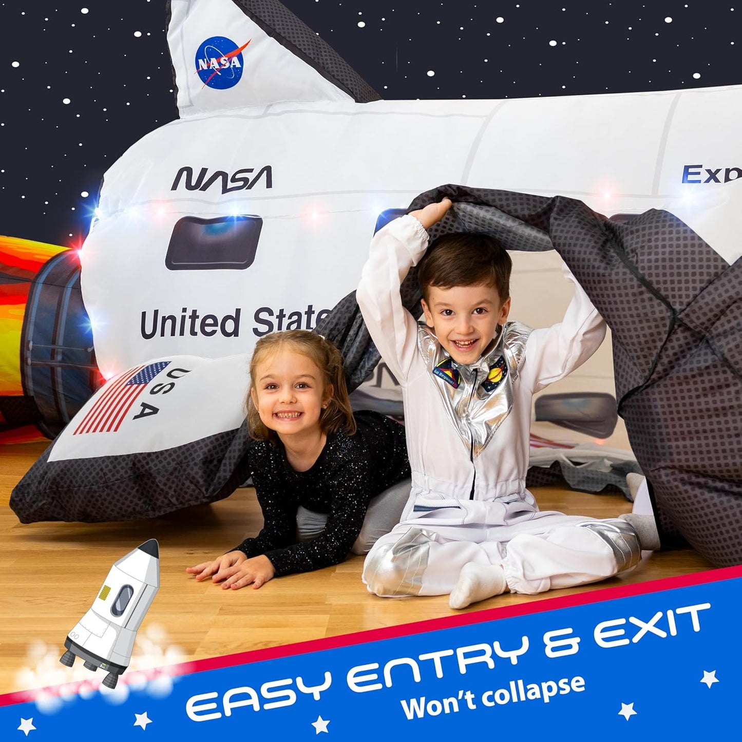 W&O Space Explorer Aerodome with LED Lights & Blast-Off Button – Inflates in Seconds to Create an Immersive Space Adventure for Kids Ages 3-12 – Inflatable Rocket Ship Tent (Fan Not Included)