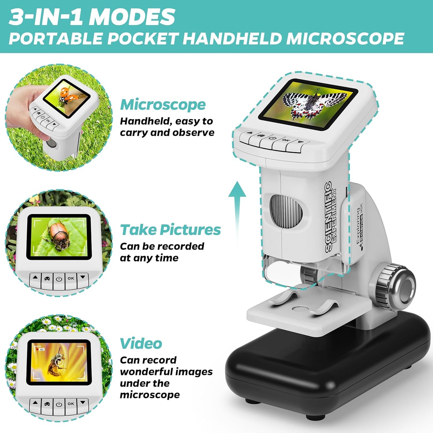 Rechargeable Digital Microscope for Kids 1200X - 2'' LCD Screen STEM Toy with 32G SD Card for Photo/Video, Portable Pocket Microscope for Boys Girls Ages 6,7,8-12, Science Kit Gift Birthday Christmas