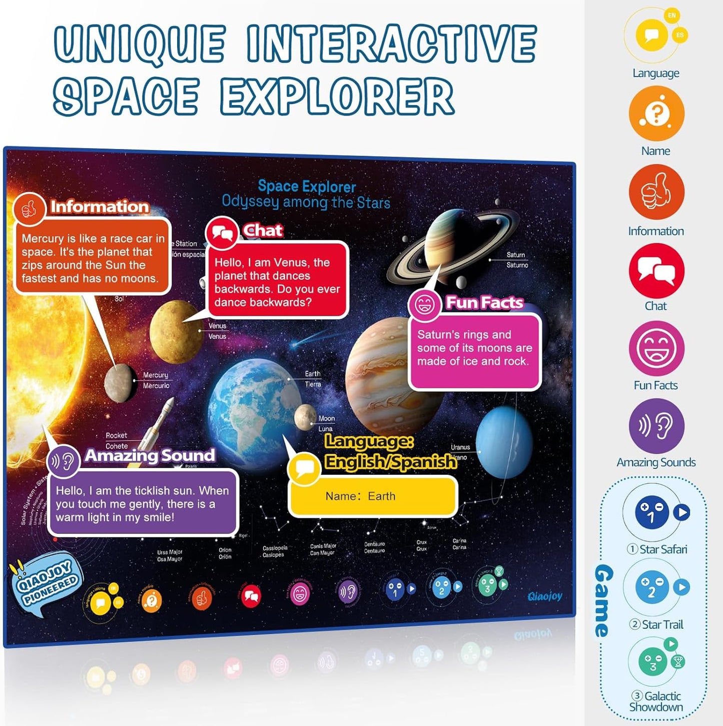 Bilingual Interactive for Kids Talking Dinosaur Space Poster for Kids Learning and Educational Toys,Talking Educational Dinosaur Toy for Ages 3 to 12 Years Old,Space Theme Wall Decor for Preschool