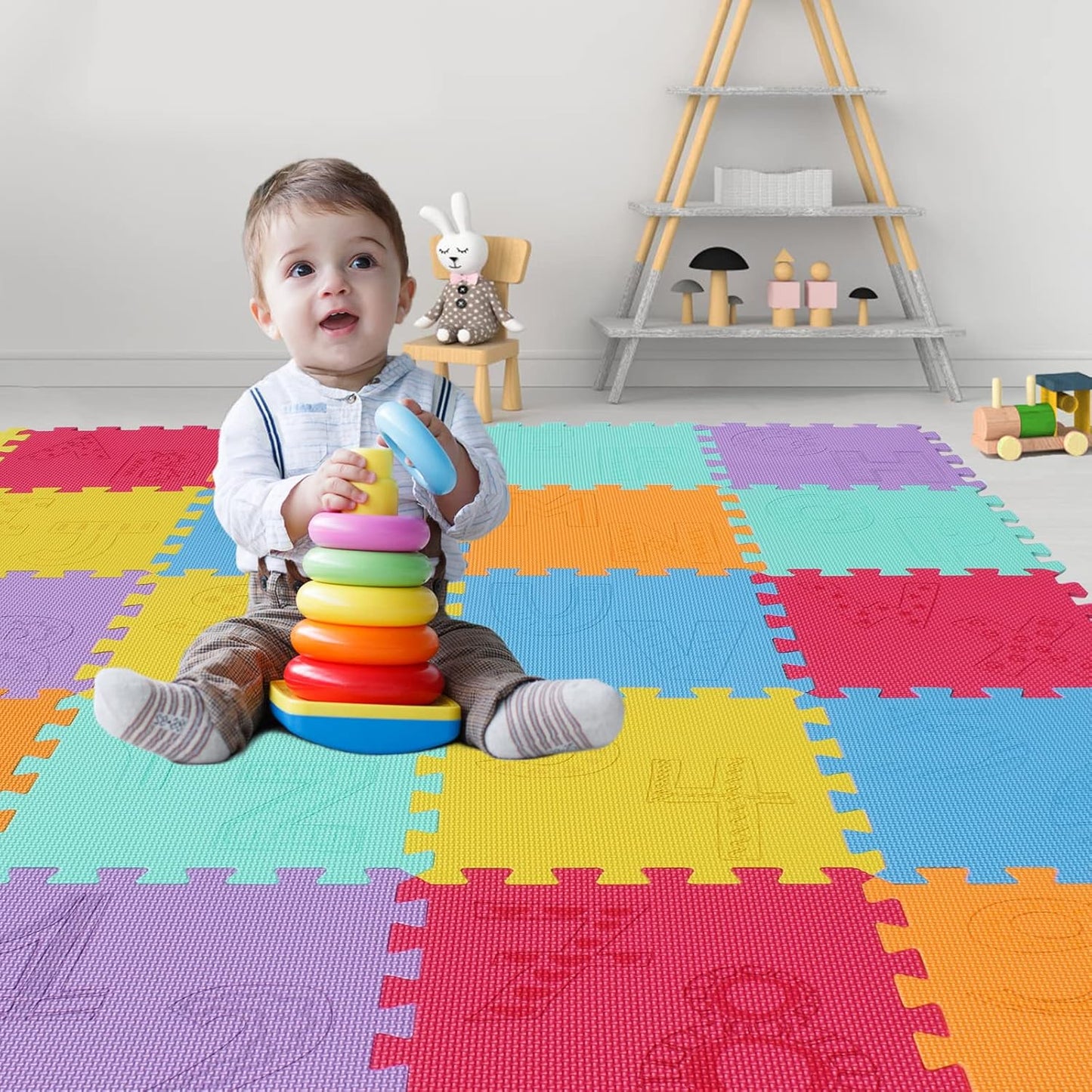 qqpp EVA 18 Tiles Baby Play Mat for Playing, Interlocking Foam Floor Mats for Tummy Time & Crawling, Puzzle Flooring Tiles with Alphabet & Numbers Laser Pattern for Kids. QL-99(BEGHIK) b18N