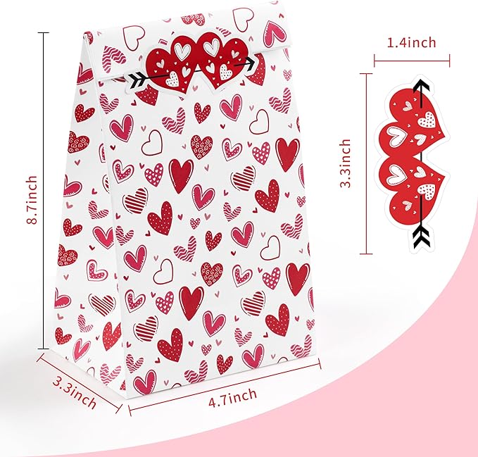 Valentines Bags - 24 PCS Valentines Gift Bags for Class School,Valentine Treat Bags with Stickers - Valentine Goodie Bags for Kids | Valentine's Day Gifts for Kids - Valentine's Decorations Party Favors