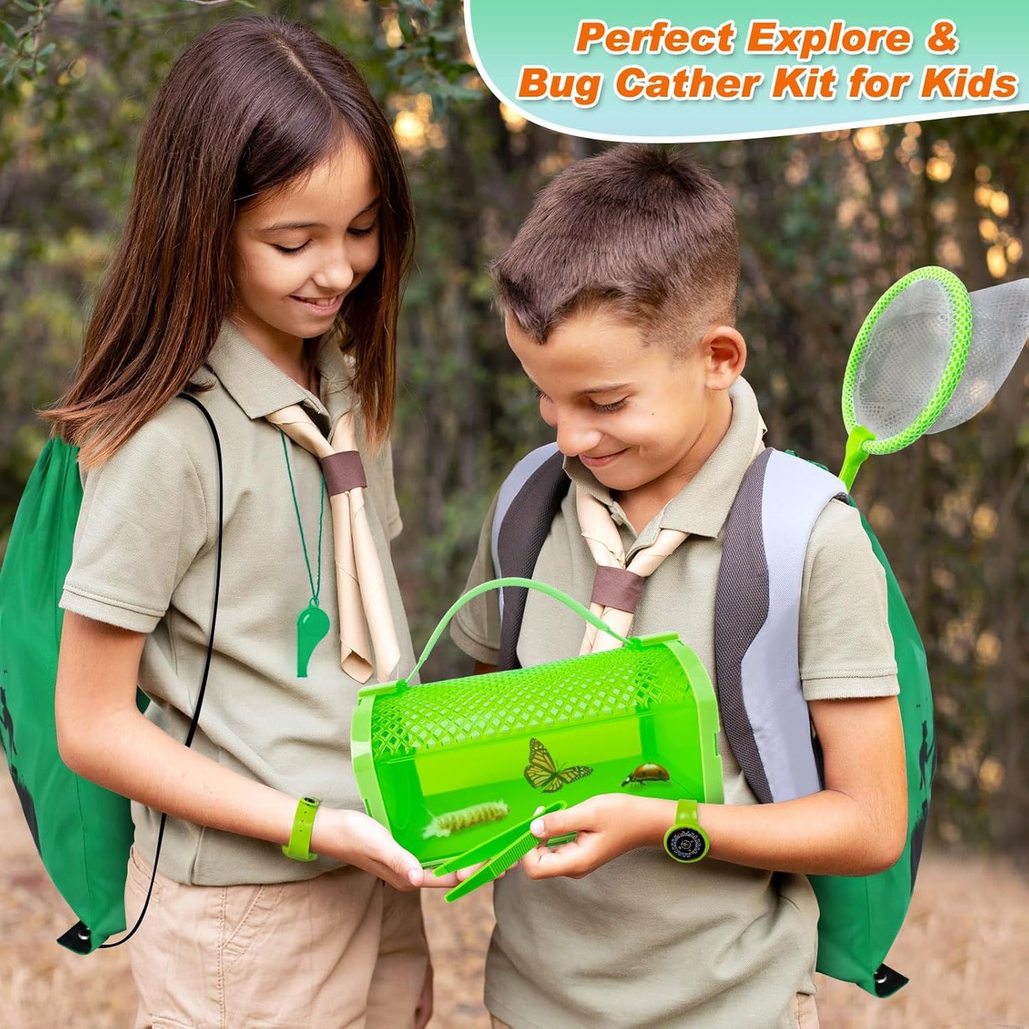 Bug Catcher Kit & Outdoor Explorer Kit for Kids, 10 Pcs Bug Catching Kit with Toy Cage, Backpack, Flashlight, Manifying Glass, Toy Net, Outdoor Exploration Toys Gift for Boys Girls 3-12