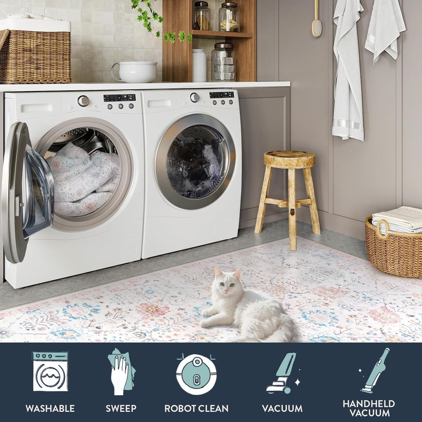 Lahome Soft Nursery Rug, Washable Area Rugs 5x7 for Cozy Kids Room, Lightweight Boho Carpet for Dorm with Non Slip Backing, Non Shedding Easy Care Floral Simple Carpets for Bedroom Living Room, Beige