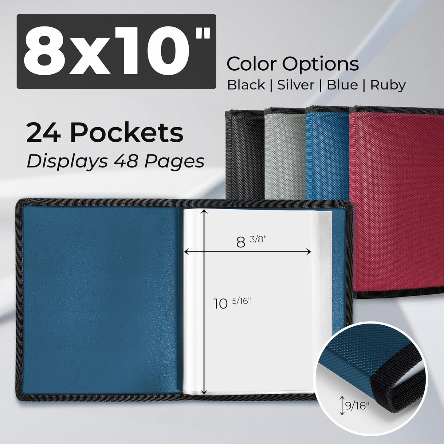 Dunwell Photo Album 8x10 (Blue) with Black Mounting Paper, 8 x 10 Photo & Art Portfolio Presentation Book, 24 Clear Sleeves, Each Shows 48 Pages, Professional Photography Book for Pictures, Artwork