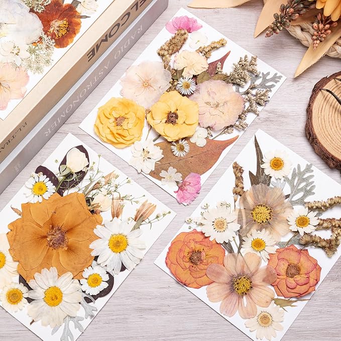 90pcs Boho Pressed Flowers Bulk, Vintage Dried Flower Leaves, Natural Fall Pressed Dried Flowers with Tweezer for DIY Crafts Resin Mold Candles Cake Bridal Scrapbooking Supplies