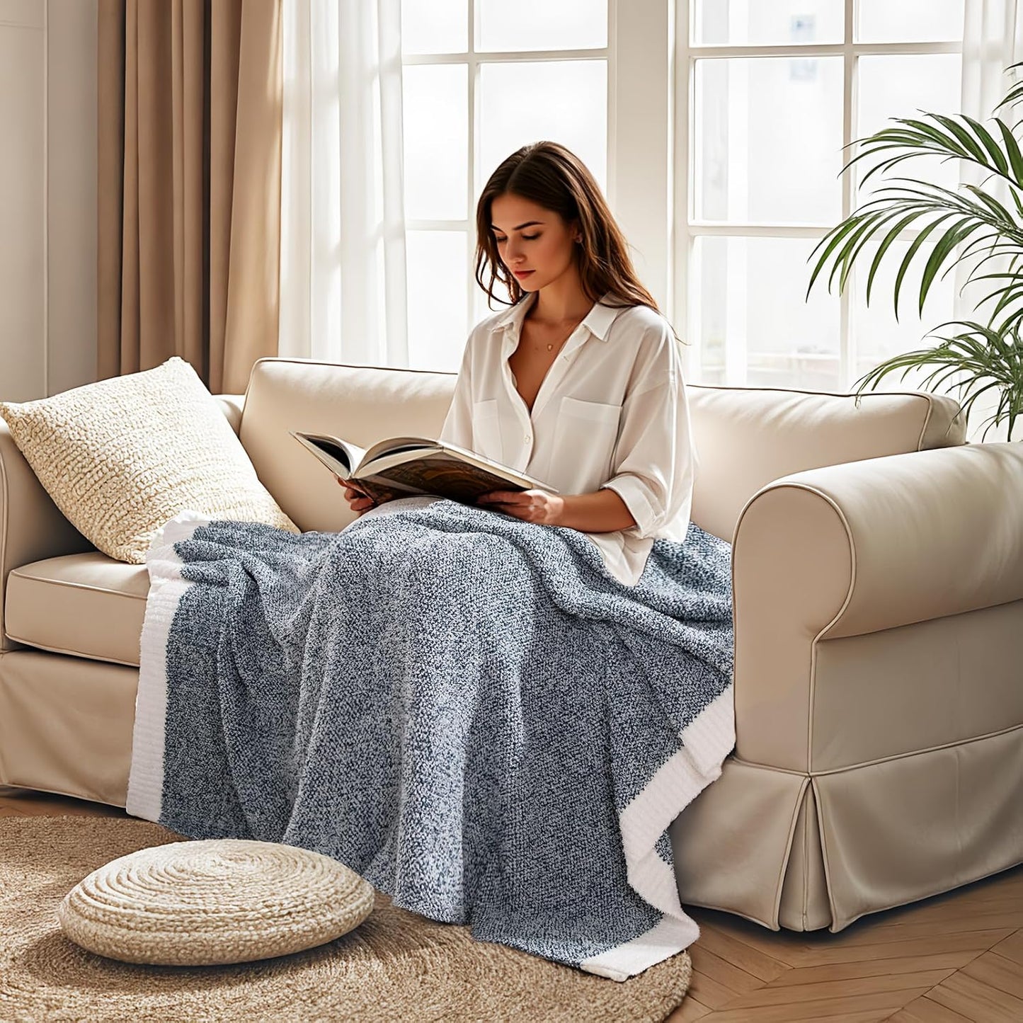 NEXHOME PRO Twin Size Soft Throw Blankets for Couch, Cozy Blankets Reversible Warm Knit Blanket for Women, Fuzzy Plush Lightweight Throws for Sofa, Bed, Picnic, Navy 60 x 80 inches