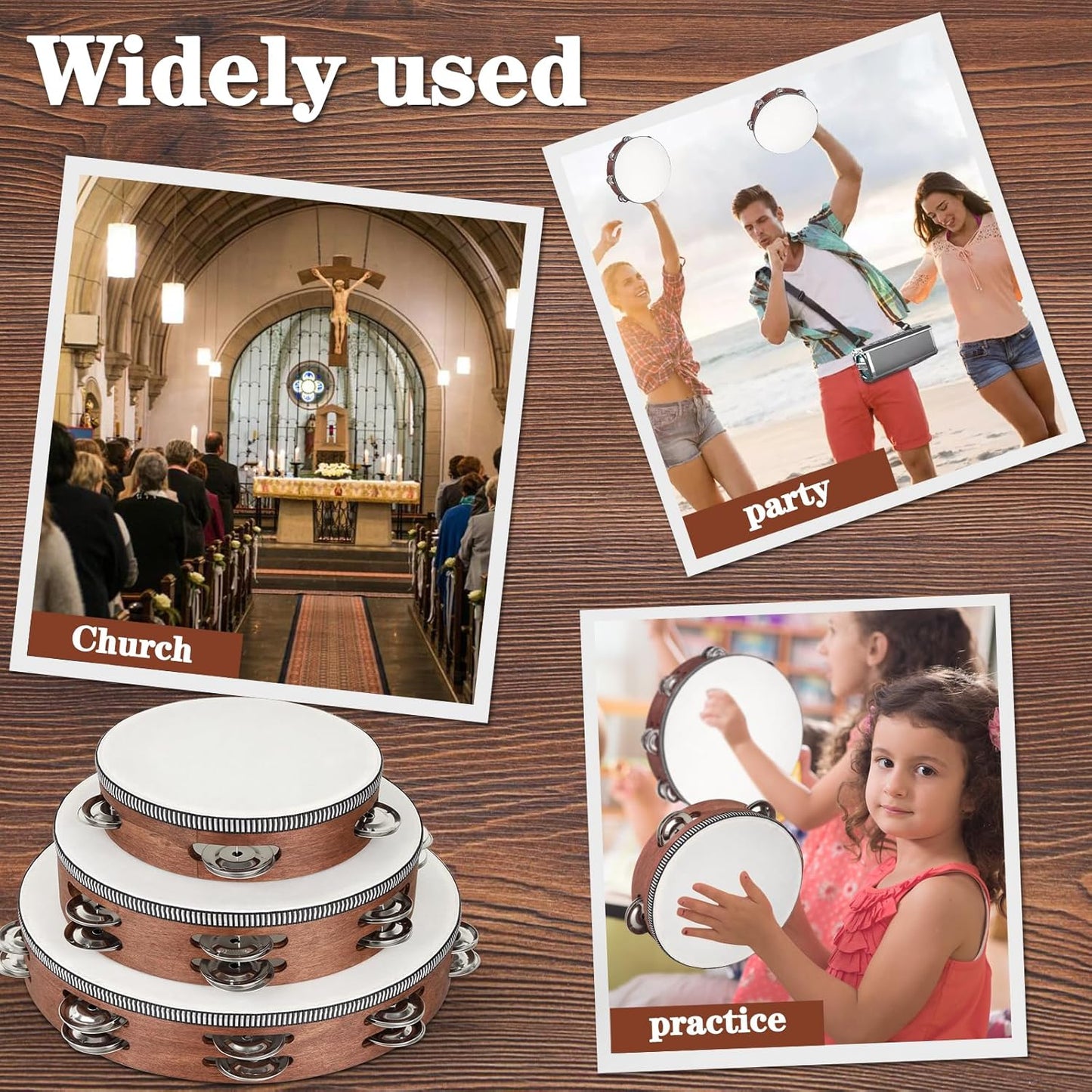 Wooden Hand Held Percussion Tambourine with Storage Bag - 6+8+10 Inches, Ideal for Church, Wedding, Party, Dance, Photo Shoot