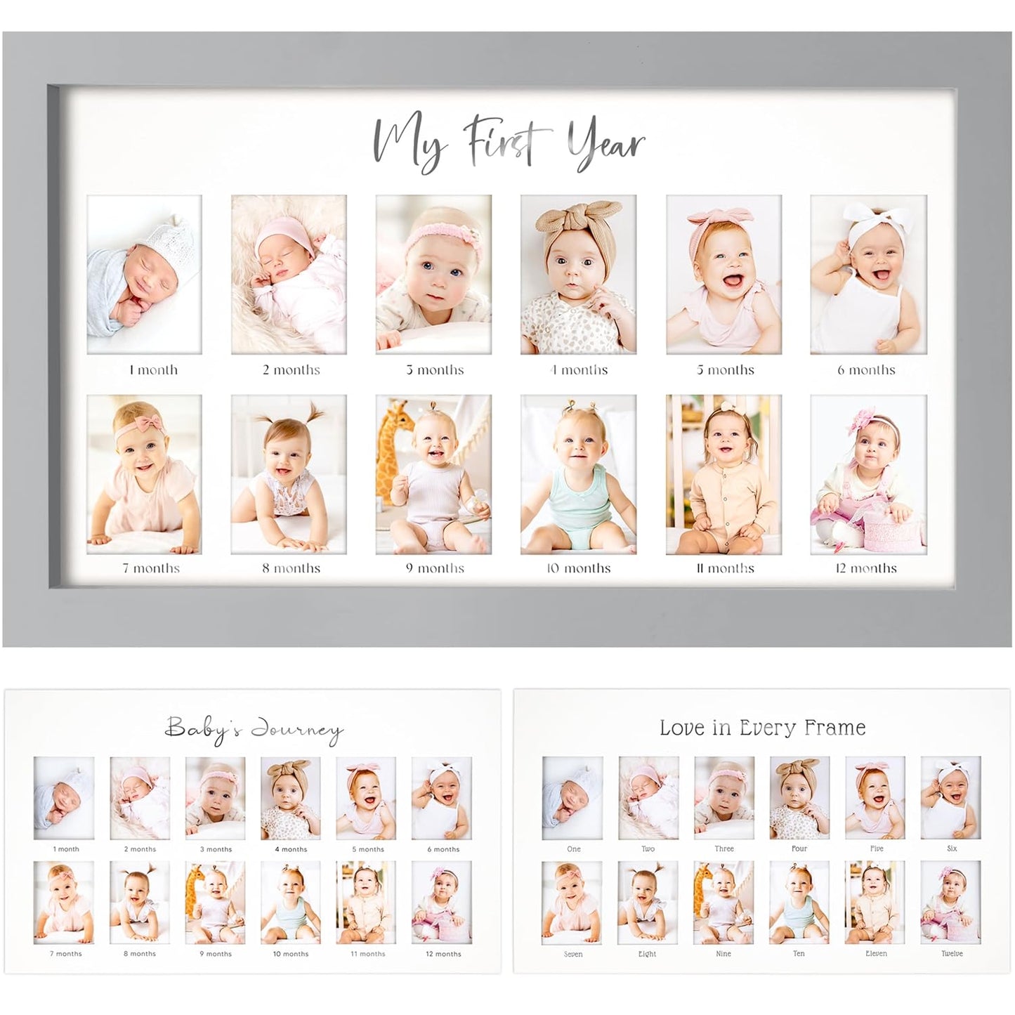 My First Year Photo Frame,12 Months Baby Picture Frame for Newborn Girl, Boy-Baby Shower Gifts Keepsakes,Monthly Baby's One Year Birthday Milestone,1st Nursery Photo Collage Display Board (Cloud Gray)