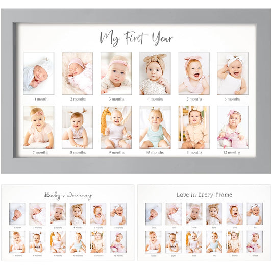 My First Year Photo Frame,12 Months Baby Picture Frame for Newborn Girl, Boy-Baby Shower Gifts Keepsakes,Monthly Baby's One Year Birthday Milestone,1st Nursery Photo Collage Display Board (Cloud Gray)