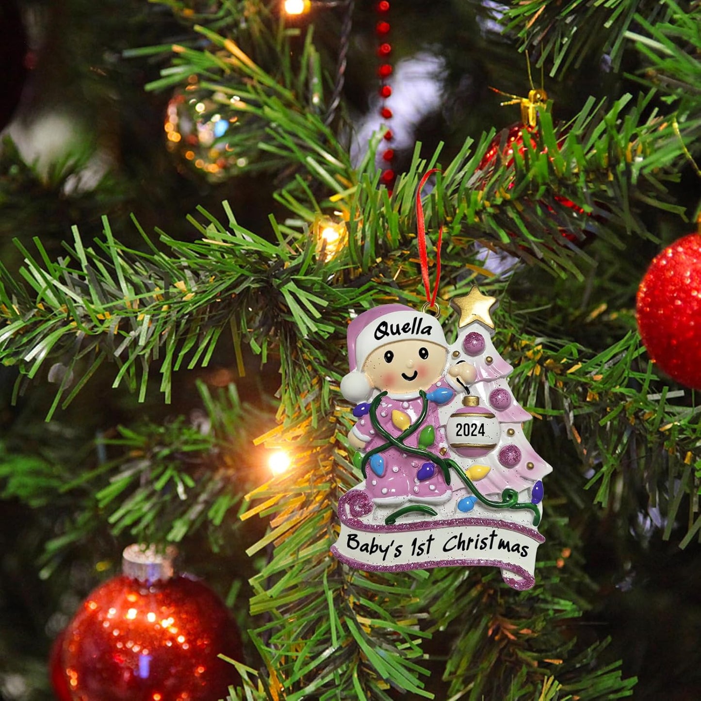 Baby's First Christmas Ornament 2025 Personalized Christmas Ornaments with Name Snow Baby in Stocking with Snowflake Custom Tree Ornament Decorations Ornaments,Pink