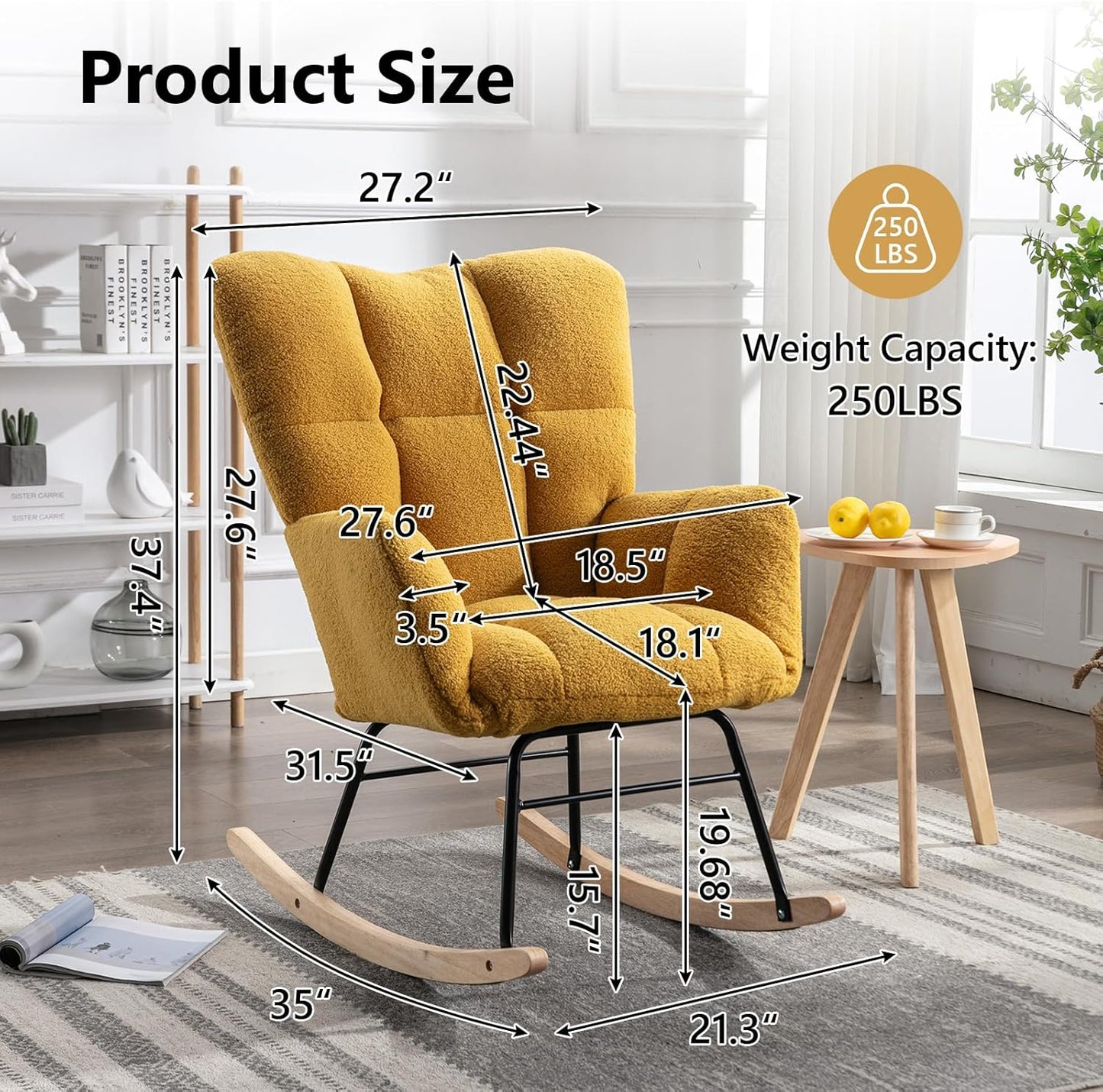 NIOIIKIT Nursery Rocking Chair Teddy Upholstered Glider Rocker Rocking Accent Chair Padded Seat with High Backrest Armchair Comfy Side Chair for Living Room Bedroom Offices (Yellow Teddy)