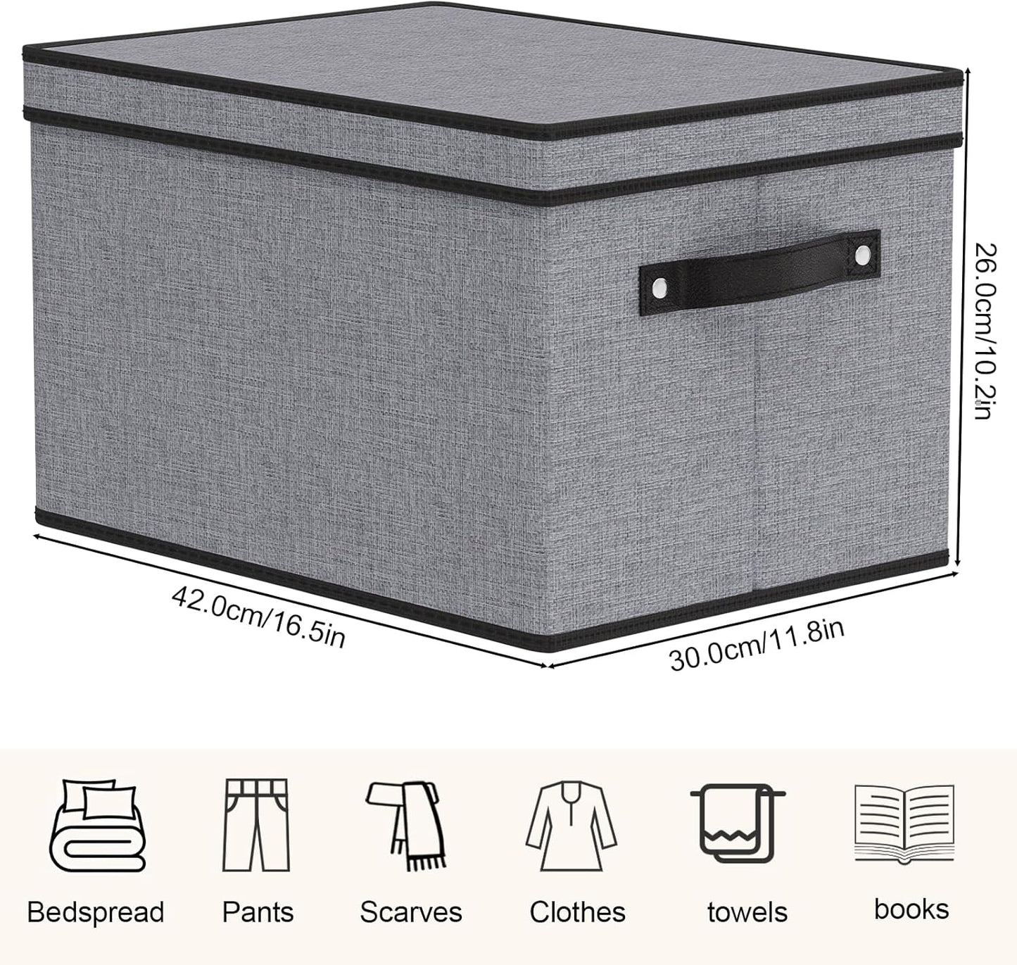 Clothing Storage Bins, Blanket Baskets for Shelves, Fabric Cubes with Handles and Lids, Decorative Linen Closet Organizers Boxes, Gray, 5 Pack, 16.5 x 11.8 x 10.2 Inch