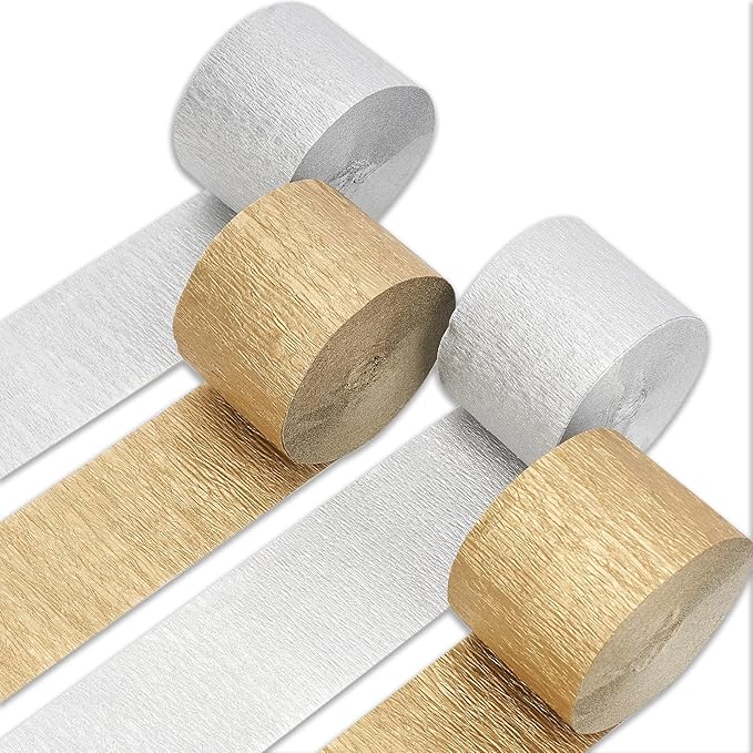 PartyWoo Metallic Gold and Silver Crepe Paper Streamers 4pcs 328ft Pack of Metallic Gold Silver Crepe Paper Streamers for Birthday Bridal Shower Engagement New Year Eve Graduation Party Decorations