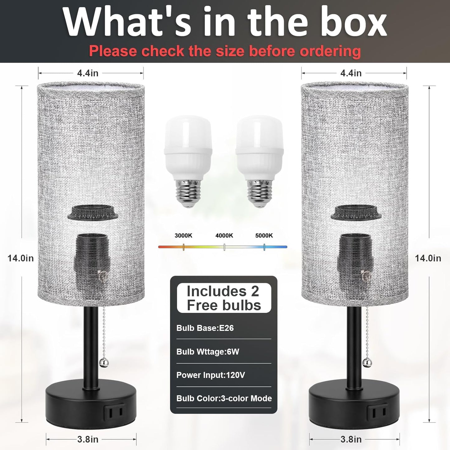 Grey Bedside Table Lamps Set of 2-3 Color Temperatures Pull Chain Lamp with AC Outlet Charging Port, Round Night Stand Lamps for Bedroom Office, Small Bed Side Light with E26 LED Bulbs