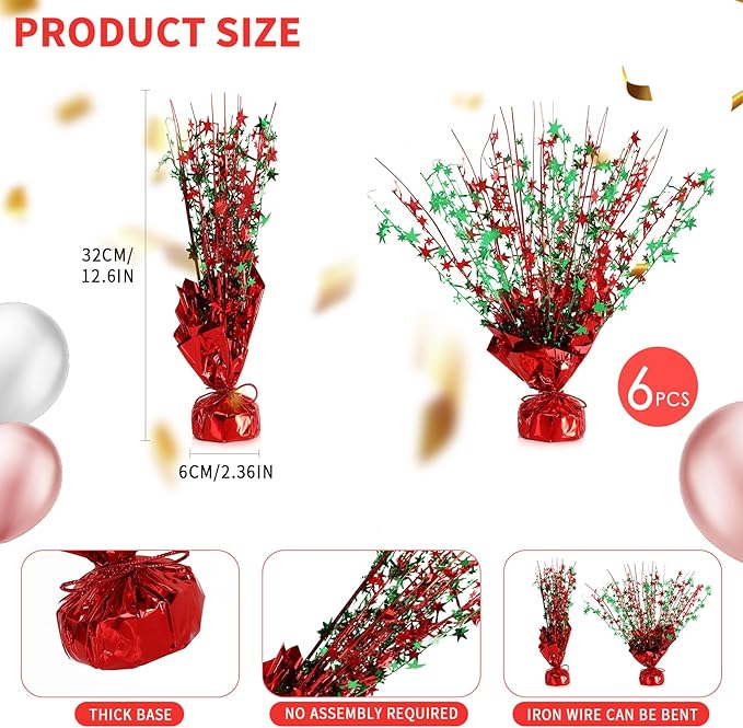 6 Pack Star Table Centerpieces for Party, Birthday Table Decorations for Kids Adults, Party Centerpieces for Tables for Wedding Baby Shower Graduation Holiday Event (Red Green)