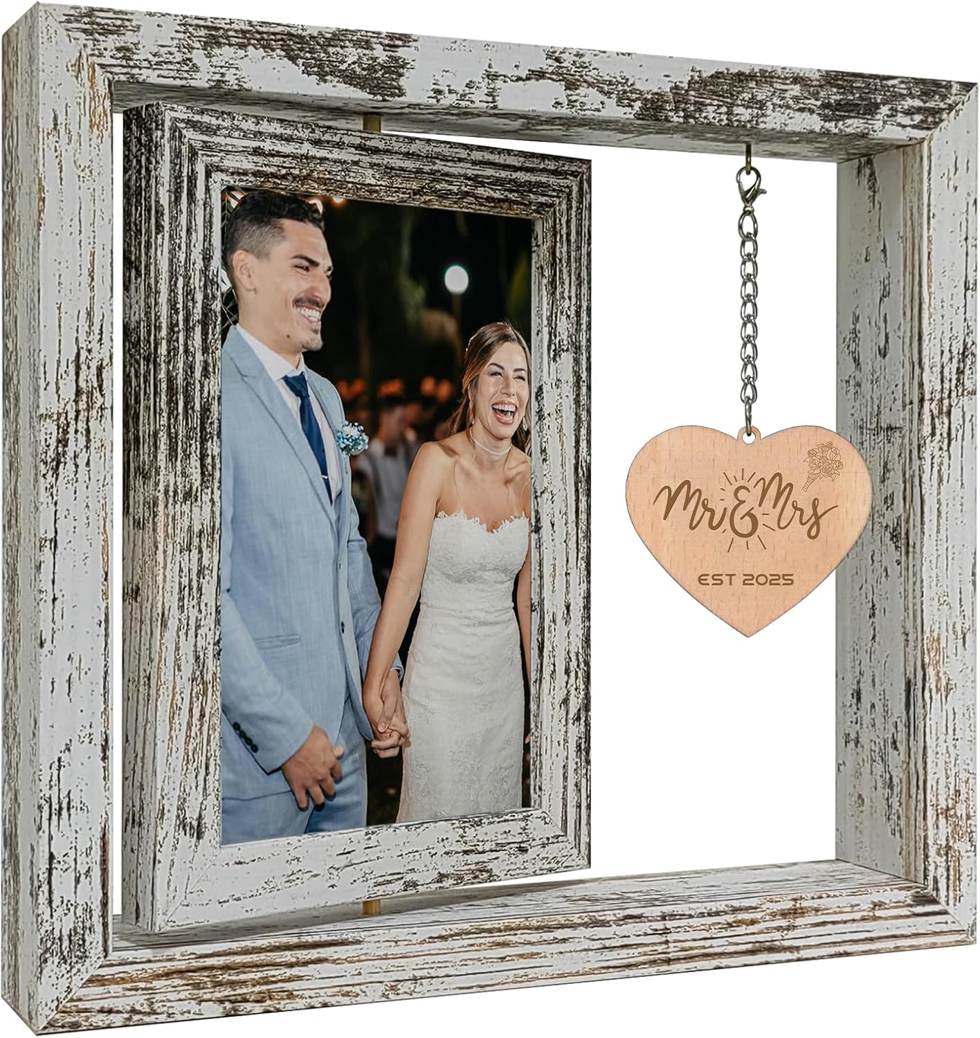 Mr & Mrs EST 2025 Picture Frame – 360° Rotating Double Photo Frame Vintage Wedding Gifts for Newlyweds - Bridal Shower Gifts for Bride(Dis Two 6x4)