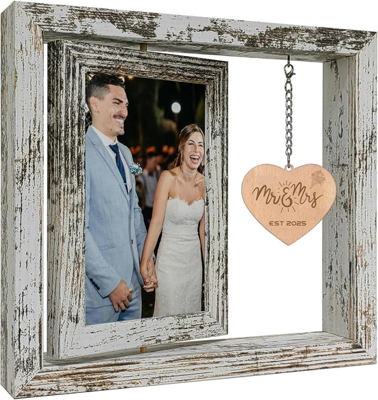 Mr & Mrs EST 2025 Picture Frame – 360° Rotating Double Photo Frame Vintage Wedding Gifts for Newlyweds - Bridal Shower Gifts for Bride(Dis Two 6x4)