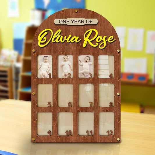 V-DECORPARKS Personalized My First Year Photo Frame | 12 Months Picture Frame For Baby First Year | Displays Twelve 2x3 Pictures | Birthday Party Decor Newborn Memory Keepsake, Style MP4