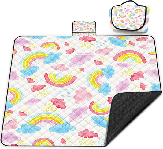Extra Large Picnic Blanket Waterproof,80"x 80"Foldable Machine Washable Beach Blanket,Outdoor Blanket for 6-8 Adults,Picnic Mat Suitable for Indoor Crawling,Park Beach,Camping,Hiking,Travel (Rainbow)