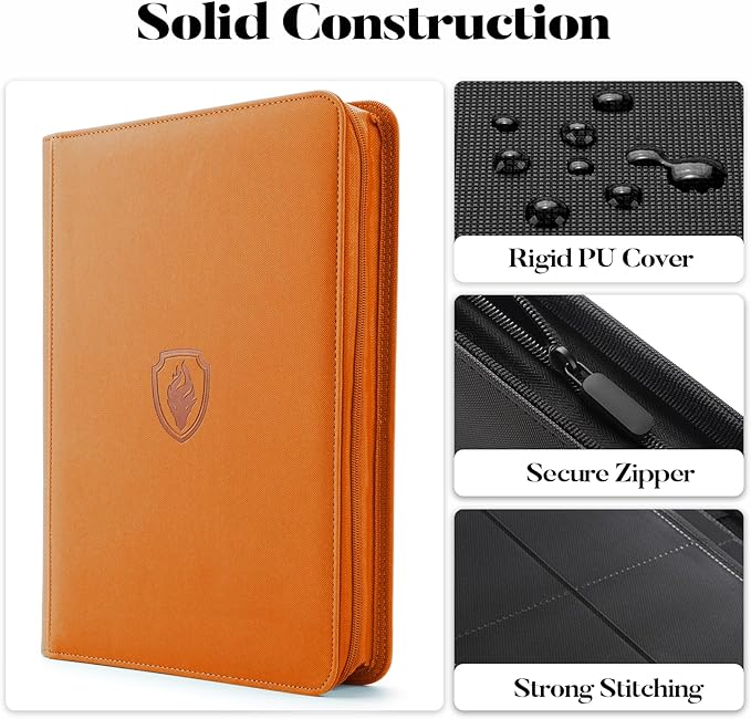 Premium Zip Card Binder - 9 Pocket Trading Binder, PU Cover Zipper Collection Album, Sturdy 360 Side-Loading Folder Holder for MTG, TCG, Game Cards, Sports Cards - Orange