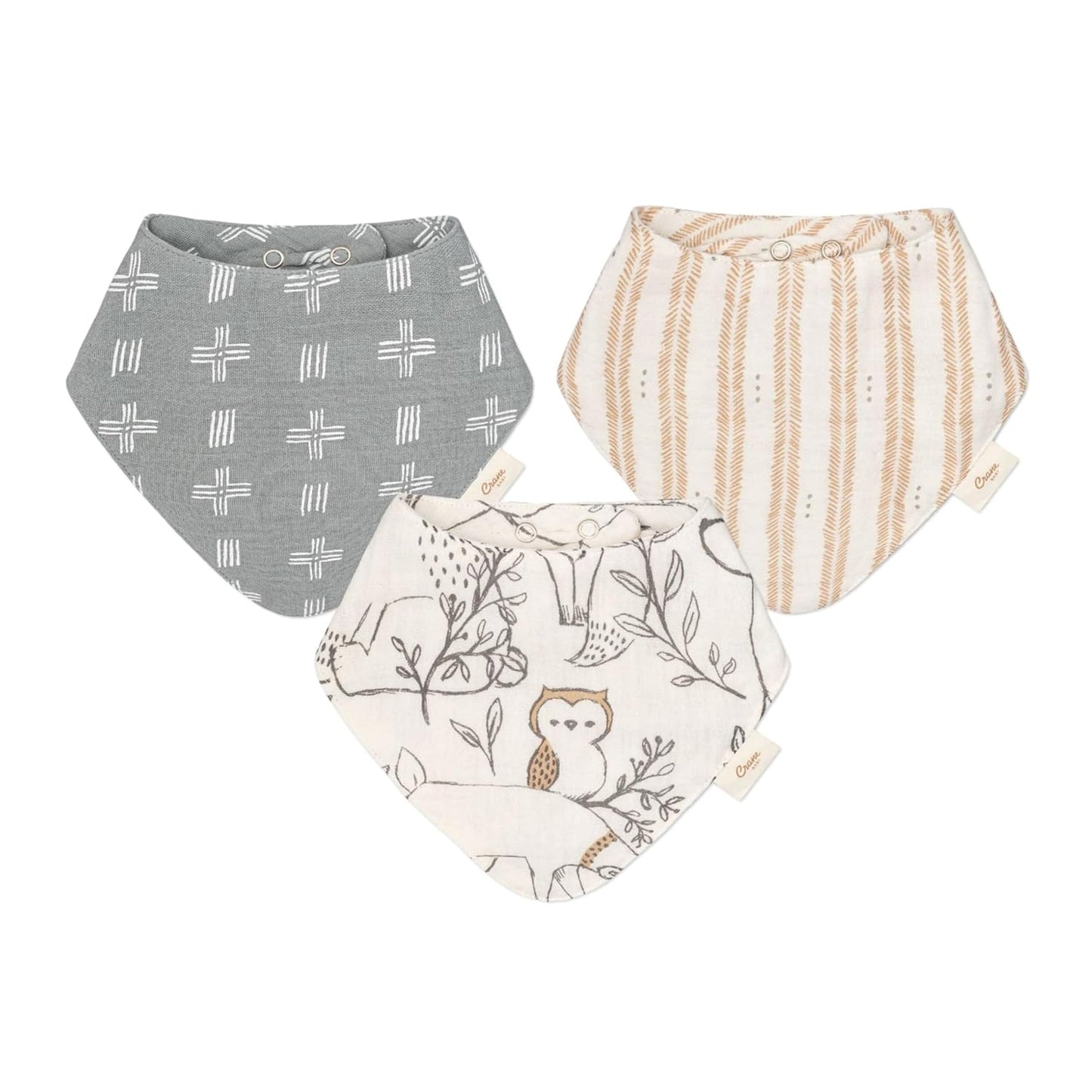 Crane Baby Bandana Bibs, Soft Muslin Adjustable Absorbent Bib Set, 3 Pack, 100% Cotton, Woodland Animal Baby Set For Newborns, Cotton Drool Bibs For Eating