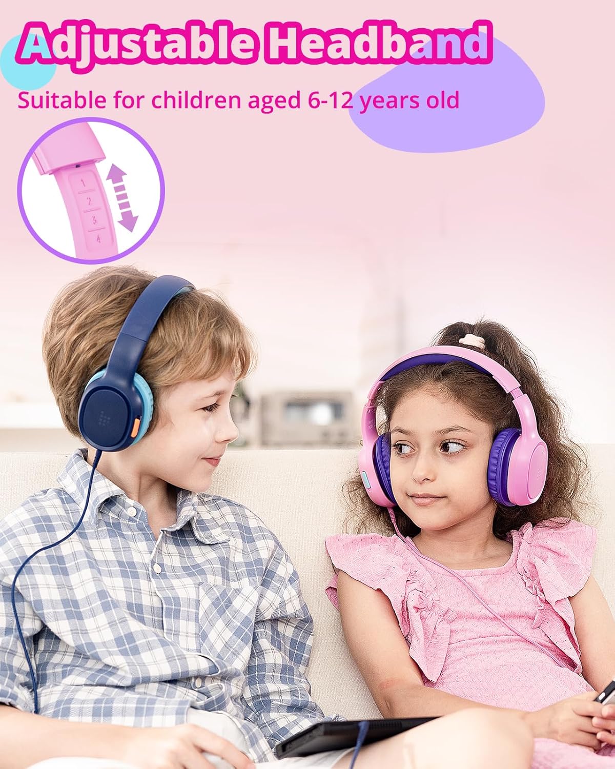 Tronsmart KH01 Kids Headphones - Foldable Over-Ear With Safety Volume 85/93dB, HD Stereo, 3.5mm Jack for Boys/Girls/School/Kindle/Travel/Tablets (Pink)