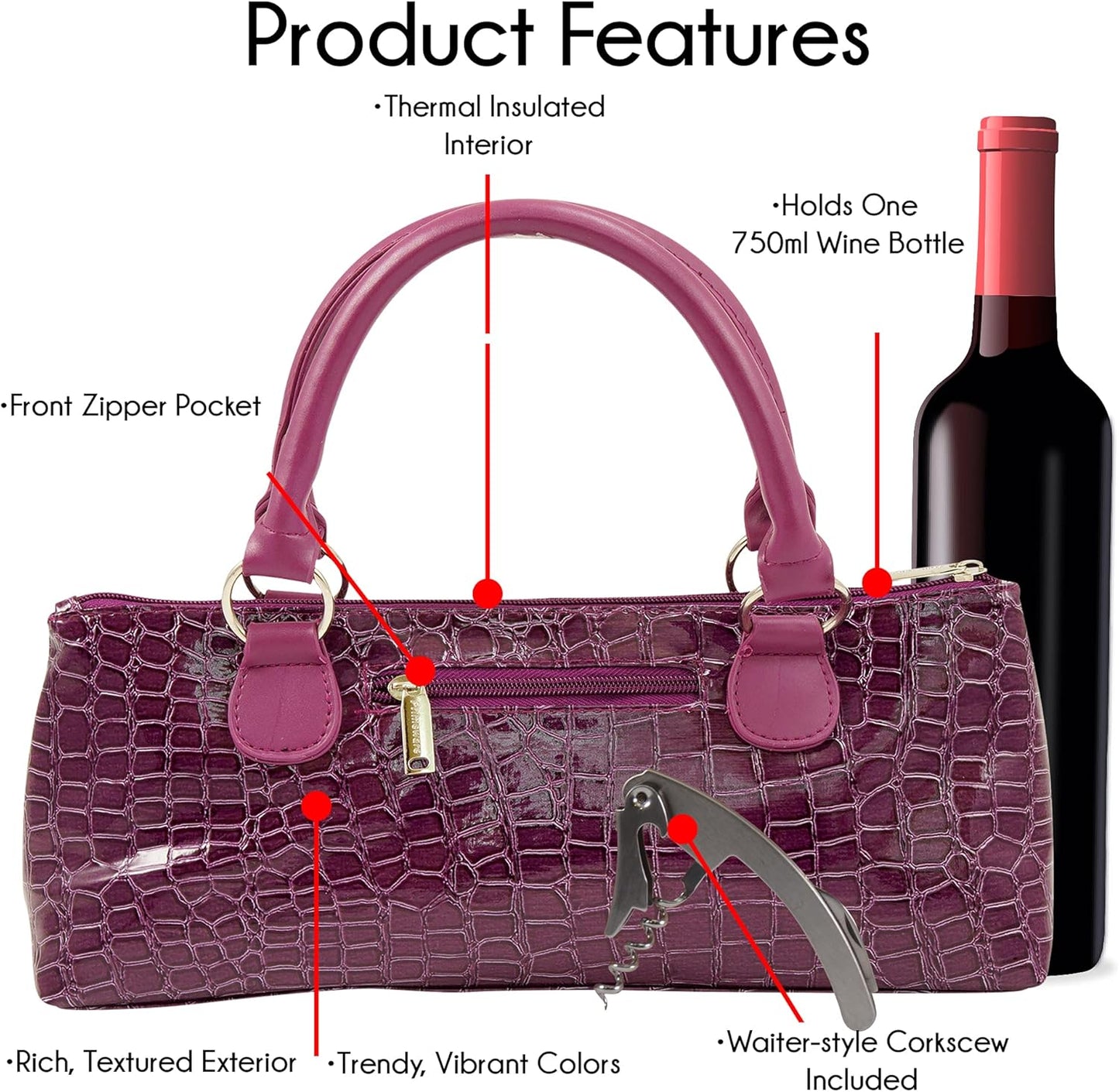 Wine Clutch Bag (Thermal Insulated) Trendy Women’s Carry Tote | Holds Red & White 750mL Bottles | Trendy Fashion | Incl. Portable Waiter-Style Corkscrew