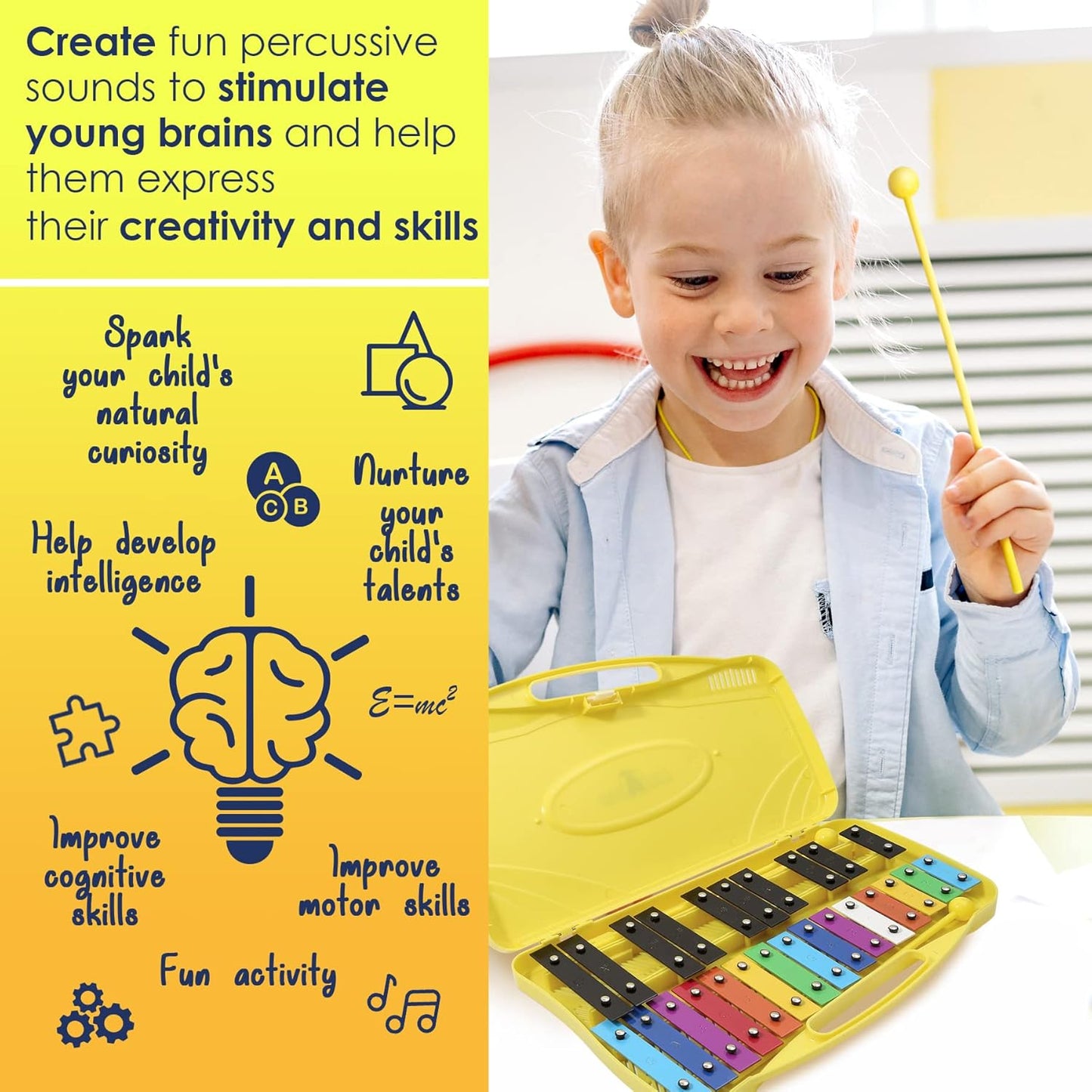 MINIARTIS Glockenspiel Xylophone | 25 Note Colorful Metal Keys Xylophone for Kids | Percussion Musical Instrument | Educational Music Toy Includes Music Songbook, Mallets and Yellow Carry Case