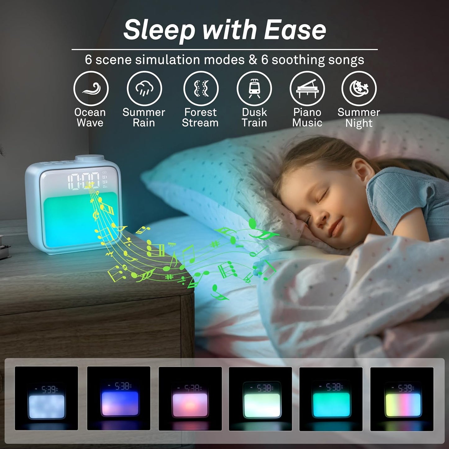 AIRIVO Alarm Clock Night Lights, Rechargeable Alarm Clock for Bedrooms, 6 Scenes & White Noise Sync, Dual Alarms & Snooze, for Heavy Sleepers, Gifts for Kids Teens (Blue)