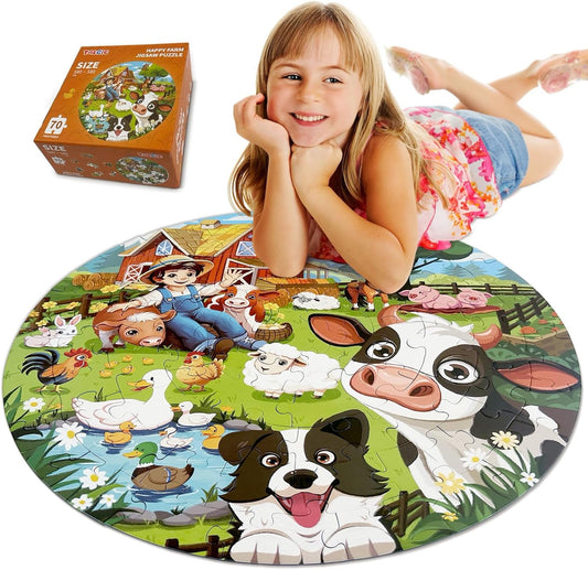 Puzzles for Kids Ages 4-6, 70 Piece Educational Round Floor Puzzles for Kids Ages 3-5, Toddler Farm Puzzles with Animals & Barn, Popular Preschool Toys & Gift Kids Puzzles Ages 3 4 5 6 7 8 9 10
