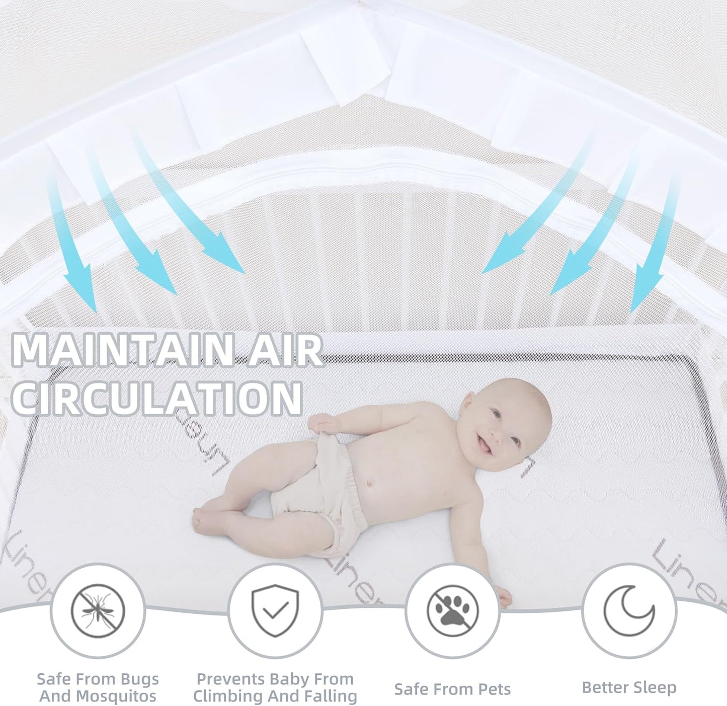 Lazyzzzz Baby Crib Tent - Pop Up Crib Canopy with Double Zipper Self-Locked,1200 Holes/Inch Mesh Crib Net to Keep Baby from Climbing Out, Portable Easy Install 55" L x 27" W x 51" H White