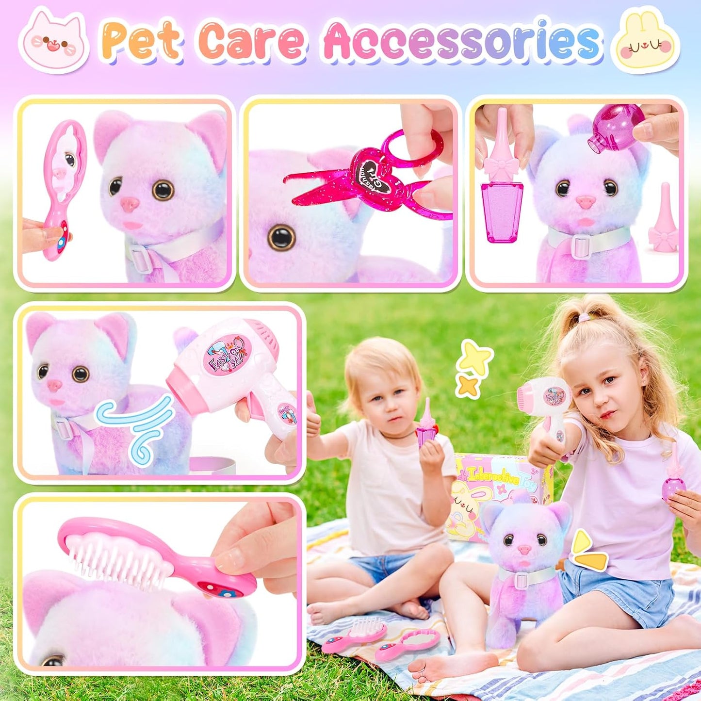 Plush Interactive Cat Toys for Kids with Tote Bags, Stuffed Robot Pet Kitten with Leash Walking Meow Pretend Play, Realistic Cute Stuff Fidget Toys for Toddler Stocking Stuffers Birthday Gifts