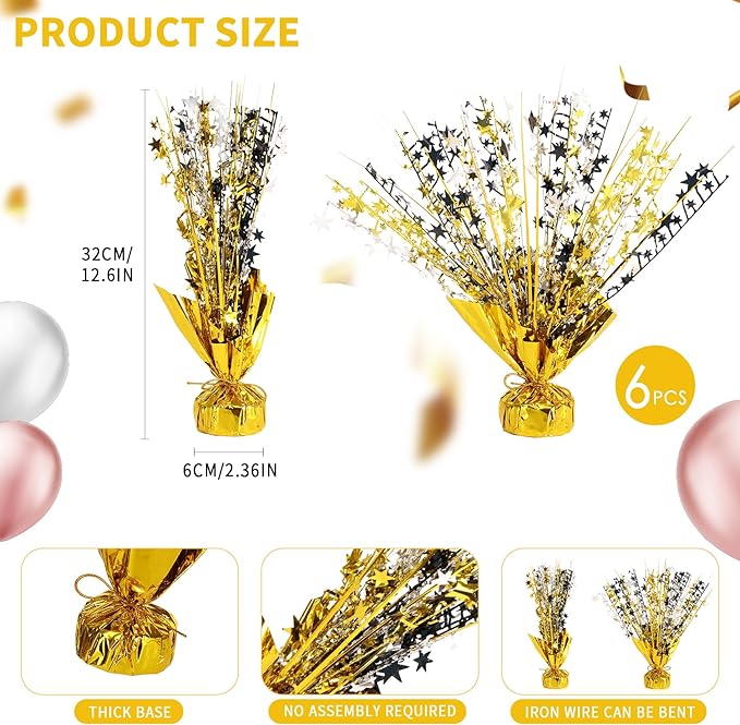 6 Pack Star Table Centerpieces for Party, Birthday Table Decorations for Kids Adults, Party Centerpieces for Tables for Wedding Baby Shower Graduation Holiday Event (Gold Silver Black)